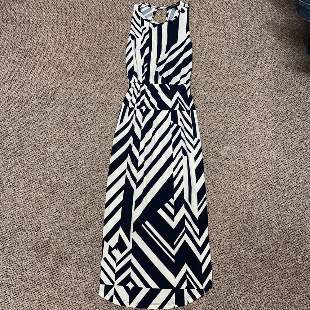 Banana Republic Navy White Geometric Chevron Maxi Dress‎ Criss Cross Back XS